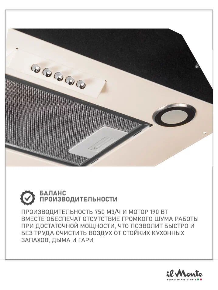 Вытяжка полностью встраиваемая кухонная 52 см. Мотор 190 Вт. Производительность 750 м3/ч. Воздуховод 150 мм. Отвод/Рециркуляция. il Monte KH-BIN 6004 IV--2