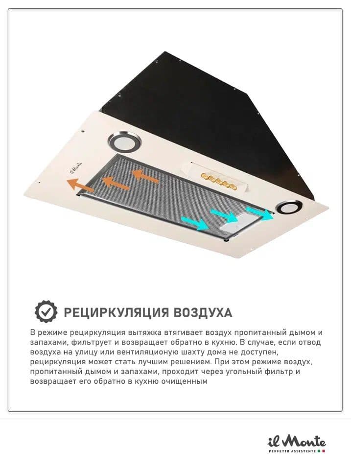 Вытяжка полностью встраиваемая кухонная 52 см. Мотор 190 Вт, 750 м3/ч. Воздуховод 150 мм. Отвод/Рециркуляция. il Monte KH-BIN 6005 IVORY RUSTICO--5